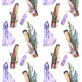 Seamless pattern watercolor stick of palo santo tree incense wood bandaged with crystal and herbs on white background