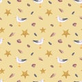 Seamless pattern with watercolor stones, shells, seagull, starfish. Hand drawn illustration isolated on beige. Sea template Royalty Free Stock Photo