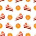 Seamless pattern with watercolor strawberry cakes and slices of orange Royalty Free Stock Photo