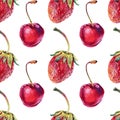 Seamless pattern watercolor strawberry and cherry with green leaves isolated on white background. Hand-drawn sweet Royalty Free Stock Photo