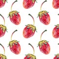 Seamless pattern watercolor strawberry with green leaves isolated on white background. Hand-drawn sweet summer berry Royalty Free Stock Photo