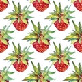 Seamless pattern watercolor strawberry with green leaves isolated on white background. Hand-drawn sweet summer berry Royalty Free Stock Photo