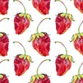 Seamless pattern watercolor strawberry with green leaves isolated on white background. Hand-drawn sweet summer bitten Royalty Free Stock Photo