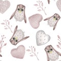 Seamless pattern. Watercolor style textile stuffed owls, branches and hearts