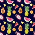 Seamless pattern with watercolor summer exotic fruits - watermelon slice, pineapple, papaya, dragon fruit on navy blue background Royalty Free Stock Photo