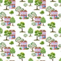 Seamless pattern with watercolor summer trees, houses. Hand drawn green plants, building, town for background, wallpaper, textile