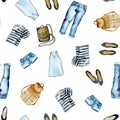 Seamless pattern with watercolor summer women`s clothing and bags