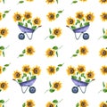 Seamless pattern with watercolor sunflower in garden cart. Hand drawn illustration is isolated on white. Sunny flowers