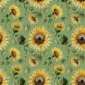 Seamless pattern of watercolor sunflowers buds leaves stems on a green background