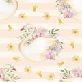 Seamless pattern of watercolor swans, flowers, leaves and crowns