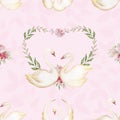 Seamless pattern of watercolor swans, flowers and leaves