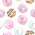 Seamless pattern with watercolor sweet and tasty donuts