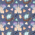 Seamless pattern with watercolor sweets and attractions from the amusement park, attributes of magic kingdom