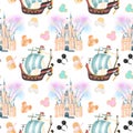 Seamless pattern with watercolor sweets and attractions from the amusement park, attributes of magic kingdom