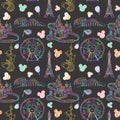 Seamless pattern with watercolor sweets and attractions from the amusement park