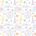 Seamless pattern with watercolor sweets and attractions from the amusement park