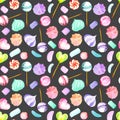 Seamless pattern with watercolor sweets candies, lollipop, marshmallow and paste