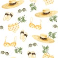 Seamless pattern of watercolor swimsuit, sunglasses, hat, flip flops. Summer vacation items isolated on white. Hand painted set Royalty Free Stock Photo