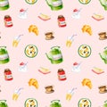 Seamless pattern with watercolor teapot, jam, croissant, sugar, butter, coffee, juice, cereals. Hand drawn illustration