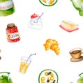 Seamless pattern with watercolor teapot, jam, croissant, sugar, butter, coffee, juice, cereals. Hand drawn illustration