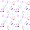 Seamless pattern with watercolor tender purple and mint butterflies