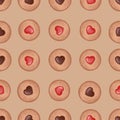 Seamless Pattern With Watercolor Thumbprint Chocolate And Strawberry Jam Heart Shaped Cookie, Watercolor Cookie Illustration.