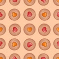 Seamless pattern with watercolor thumbprint strawberry and orange jam heart shaped cookie. Royalty Free Stock Photo