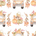 Seamless pattern with watercolor transport, berries and beige floral composition. Hand drawn garden flowers with green and beige Royalty Free Stock Photo