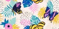 Seamless pattern with watercolor tropical leaves,flowers and hand drawn butterflies. Floral background for the design of Royalty Free Stock Photo