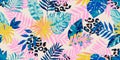 Seamless pattern with watercolor tropical leaves and hand drawn leopard spots. Floral background for the design of Royalty Free Stock Photo