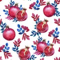 Seamless pattern. Watercolor tropical leaves and red ripe pomegranate. Summer theme. For paper, cover, fabric, gift wrapping, wall Royalty Free Stock Photo