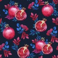 Seamless pattern. Watercolor tropical leaves and red ripe pomegranate. Summer theme. For paper, cover, fabric, gift wrapping, wall Royalty Free Stock Photo