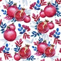 Seamless pattern. Watercolor tropical leaves and red ripe pomegranate. Summer theme Royalty Free Stock Photo