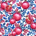 Seamless pattern. Watercolor tropical leaves and red ripe pomegranate. Summer theme Royalty Free Stock Photo