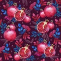 Seamless pattern. Watercolor tropical leaves and red ripe pomegranate. Summer theme Royalty Free Stock Photo