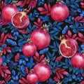 Seamless pattern. Watercolor tropical leaves and red ripe pomegranate. Summer theme Royalty Free Stock Photo