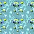 Seamless pattern of watercolor tropical Sea Fishes of coral reefs blue yellow green colors, blue starfish, water plants isolated Royalty Free Stock Photo