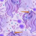 Seamless pattern with watercolor unicorn, floral elements and hearts.