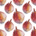 Seamless pattern watercolor unpeeled onion isolated on white background. Vitamin golden brown vegetable for health. Hand