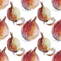 Seamless pattern watercolor unpeeled onion isolated on white background. Vitamin golden brown vegetable for health. Hand