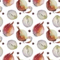 Seamless pattern watercolor unpeeled onion and slice with black peppercorn on white background. Vitamin golden brown