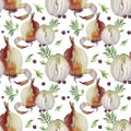 Seamless pattern watercolor unpeeled and slice onion black peppercorn and greenery dill on white background. Vitamin