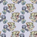 Seamless pattern watercolor vintage gas mask with bag on grey background. Military filter respirator for stalker, post