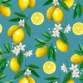 Seamless pattern with watercolor vintage lemon branches with flowers and fruits on blue background.