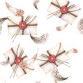 Seamless pattern with watercolor vintage mail envelopes and feathers