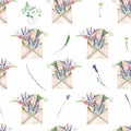 Seamless pattern with watercolor vintage mail envelopes and flowers