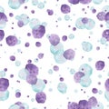 Seamless pattern with the watercolor violet, blue and purple bubbles, hand drawn on a white background