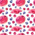 Seamless pattern watercolor watermelon, blueberry, raspberry on white. Summer autumn berries fruit food. Creative Royalty Free Stock Photo