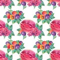 Seamless pattern watercolor watermelon, grape, apricot, plum with green leaves. Red, pink, purple hand-drawn fruit on Royalty Free Stock Photo