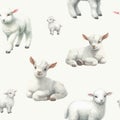 Seamless pattern with watercolor white lamb on white background. Royalty Free Stock Photo